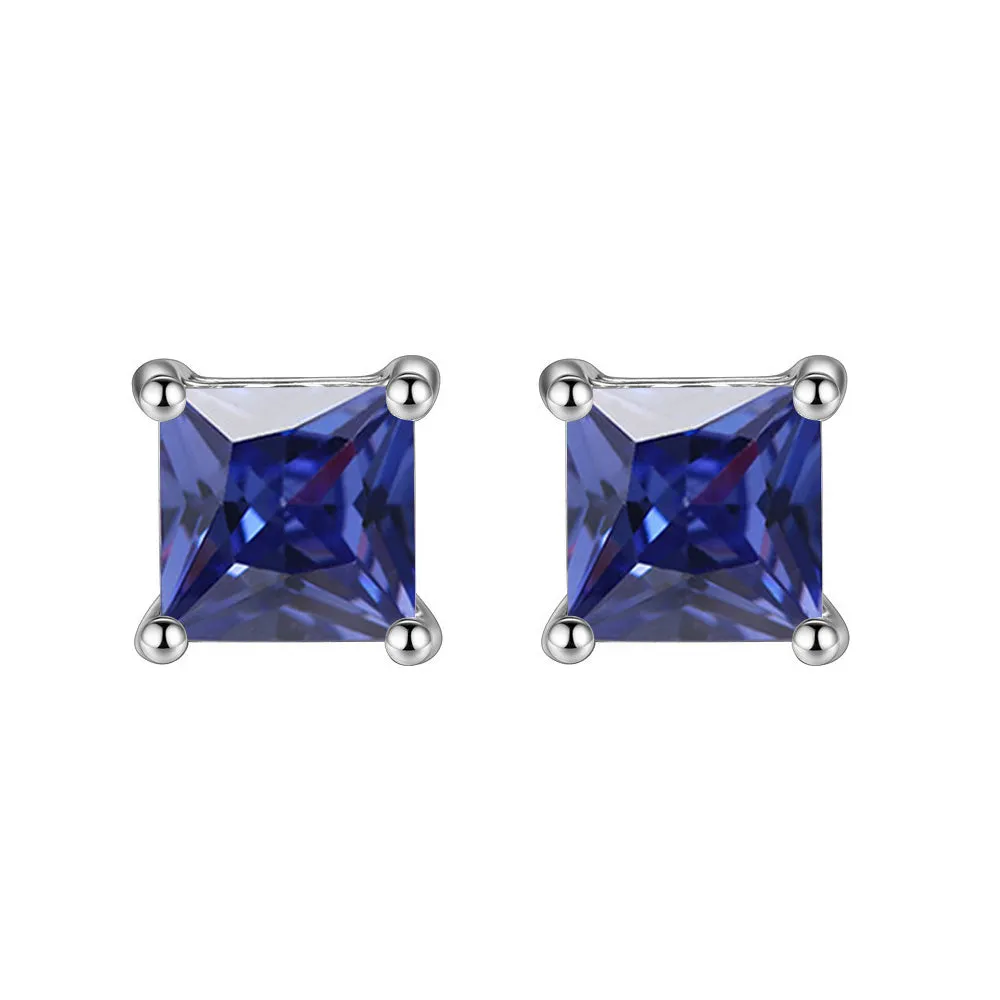 10k White Gold Plated 2 Carat Princess Cut Created Blue Sapphire Stud Earrings