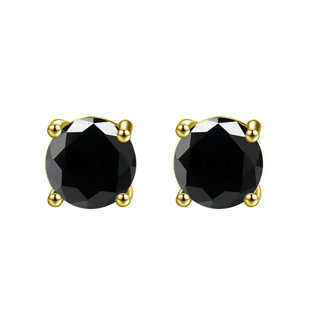 10k Yellow Gold Plated 2 Carat Round Created Black Sapphire Stud Earrings