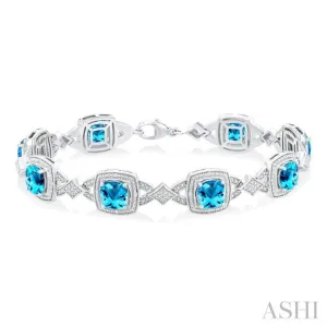 1/10 ctw Cushion Cut 7X7MM Blue Topaz and Round Cut Diamond Semi Precious Bracelet in Sterling Silver