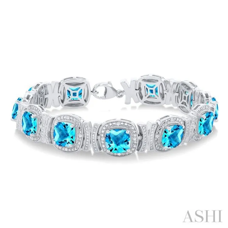 1/10 ctw Cushion Shape 7X7 MM Blue Topaz and Round Cut Diamond Semi Precious Bracelet in Sterling Silver