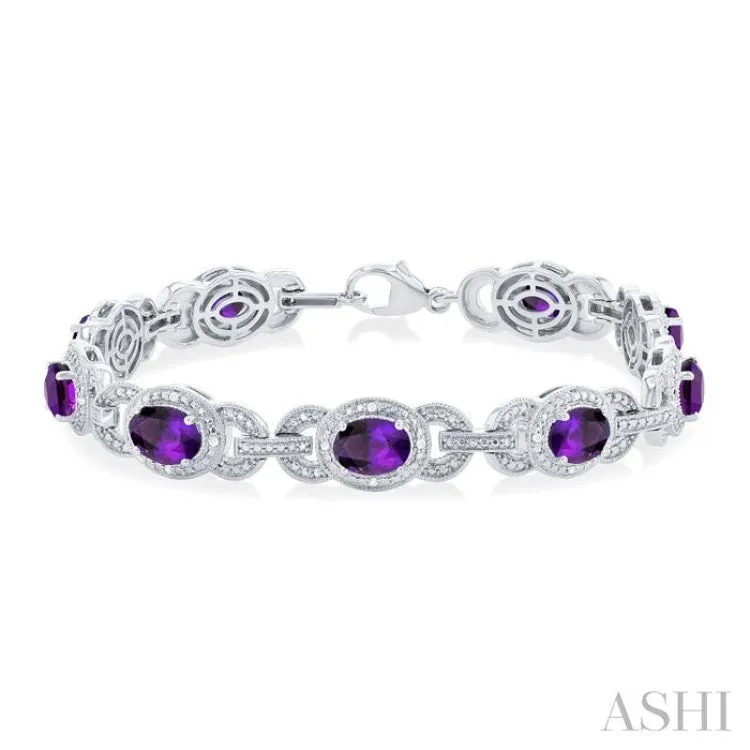 1/10 ctw Oval Cut 7x5MM Amethyst and Round Cut Diamond Semi Precious Bracelet in Sterling Silver