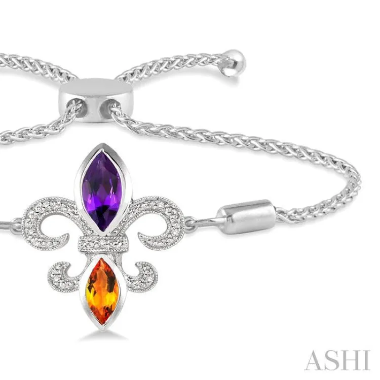 1/20 Ctw Marquise 10x5mm Amethyst & 8x4mm Citrine Round Diamond Fleur De Lis Sterling Silver Lariat Bracelet