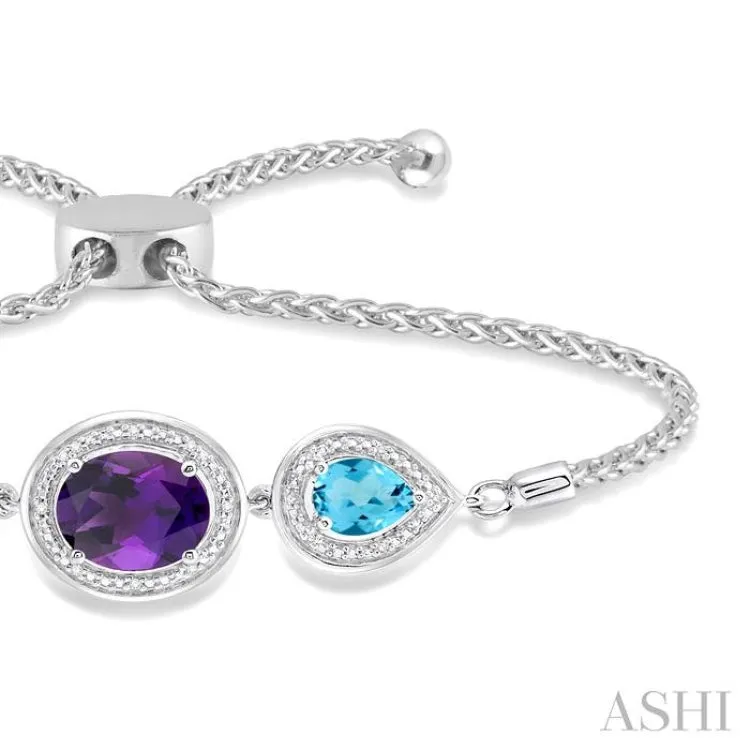 1/20 Ctw Oval 10x8 MM Amethyst & Pear Shape 7x5 MM Blue Topaz Round Diamond 3Stone Sterling Silver Lariat Bracelet