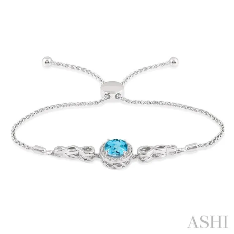 1/20 Ctw Oval 10x8mm Blue Topaz Round Diamond Sterling Silver Lariat Bracelet