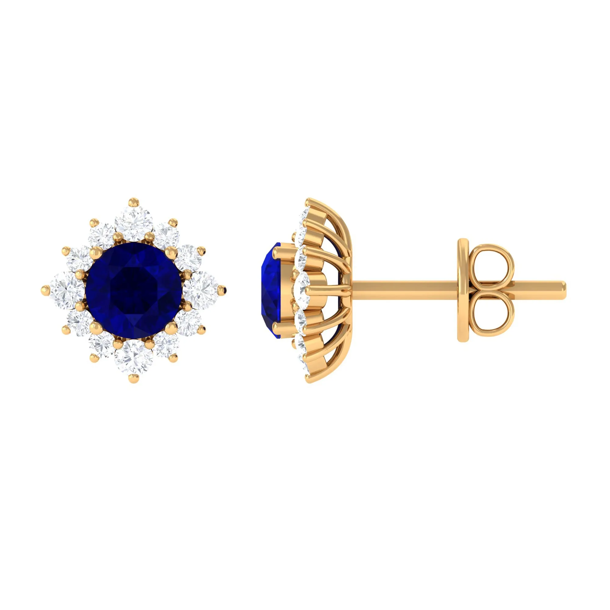 1.25 CT Blue Sapphire Solitaire Stud Earrings with Diamond Halo