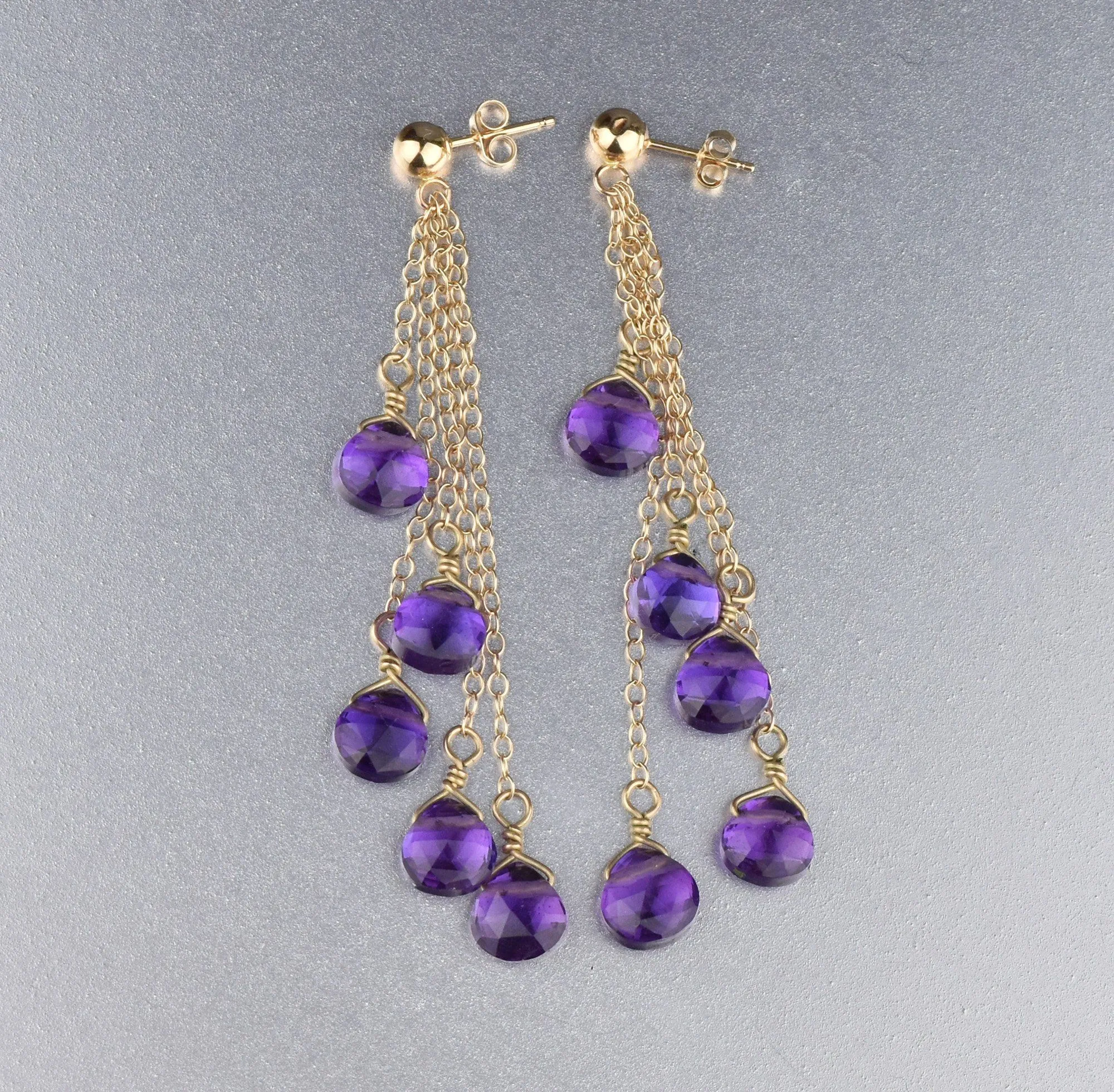 14K Gold Chain Amethyst Dangle Chandelier Earrings