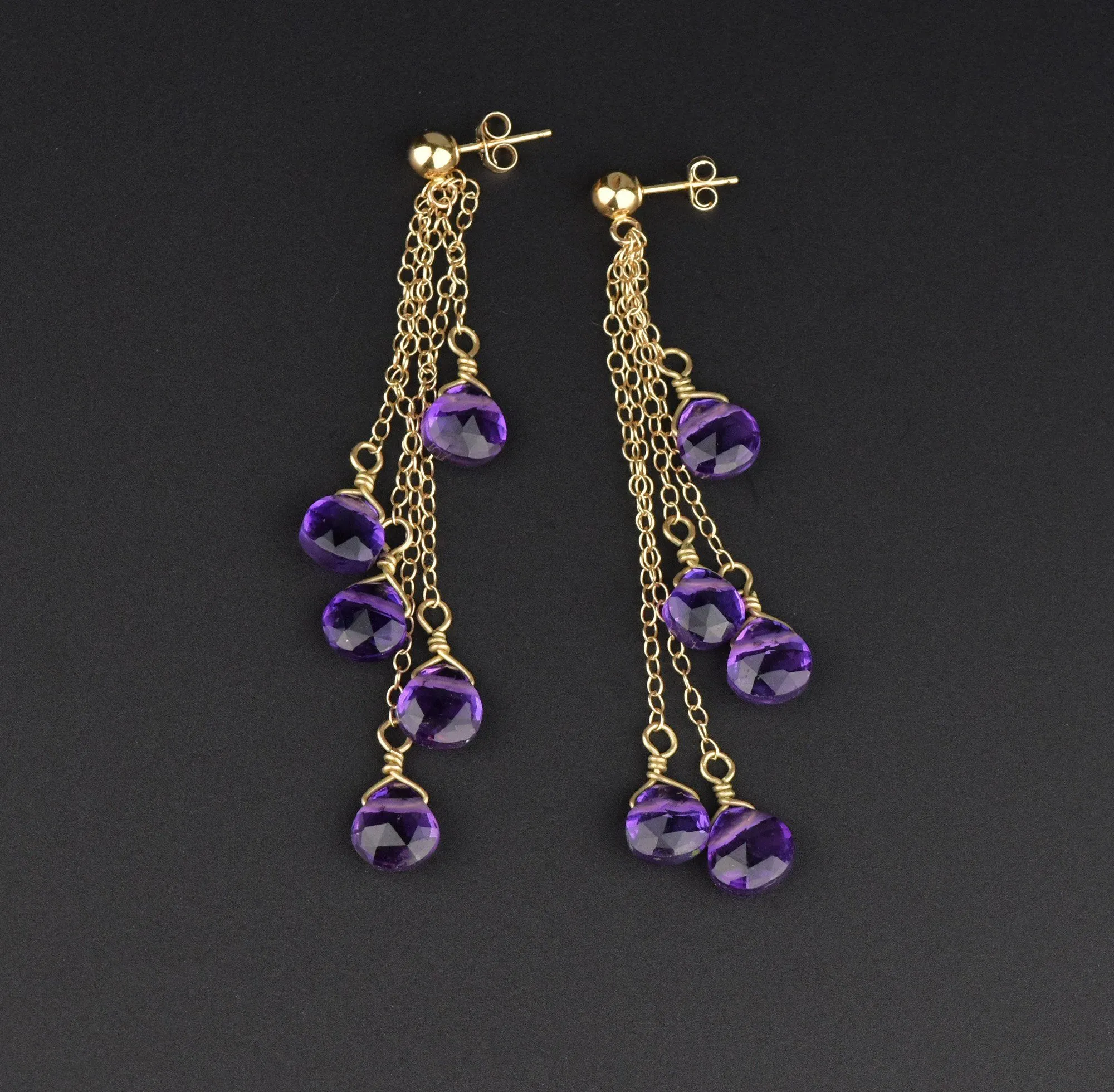 14K Gold Chain Amethyst Dangle Chandelier Earrings