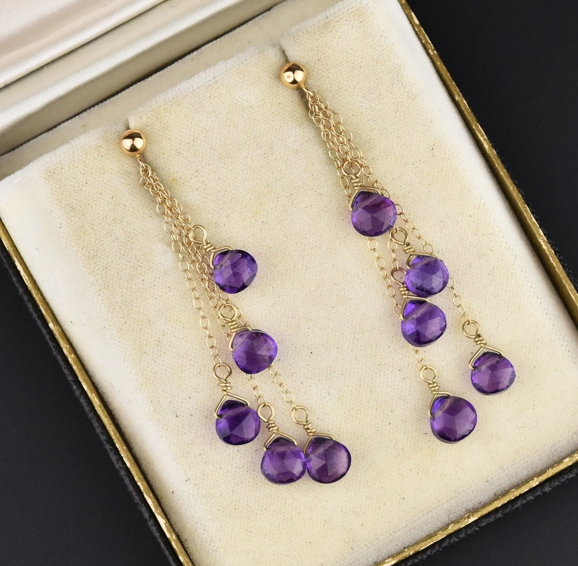 14K Gold Chain Amethyst Dangle Chandelier Earrings