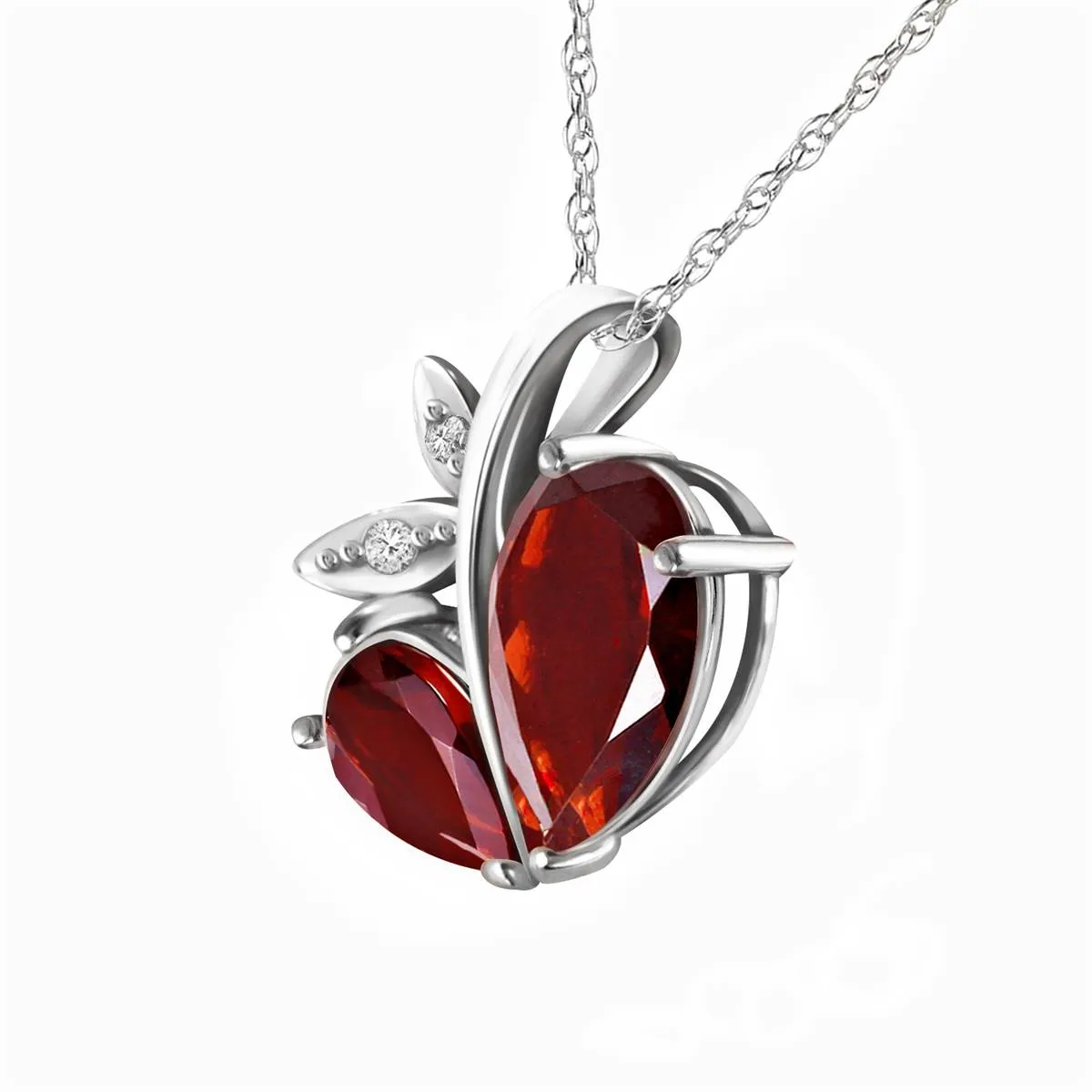 14K Solid White Gold Modern Heart Necklace w/ Natural Diamond & Garnets