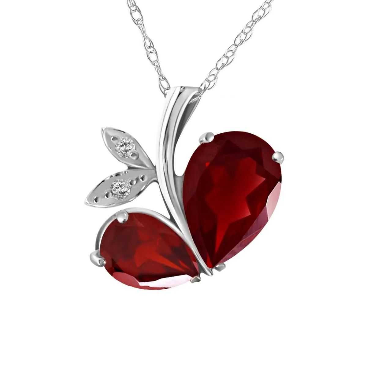 14K Solid White Gold Modern Heart Necklace w/ Natural Diamond & Garnets