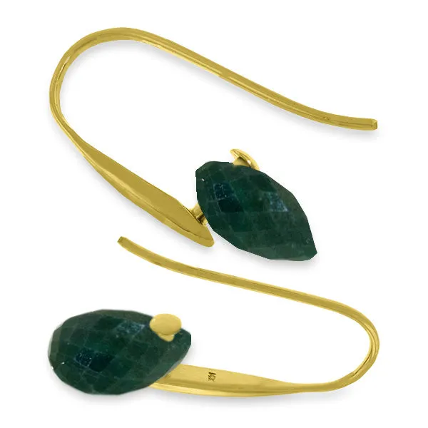 14K Solid Yellow Gold Fish Hook Earrings w/ Dangling Briolette Emerald Color Corundum