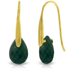 14K Solid Yellow Gold Fish Hook Earrings w/ Dangling Briolette Emerald Color Corundum