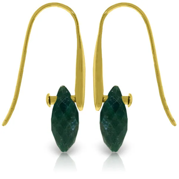 14K Solid Yellow Gold Fish Hook Earrings w/ Dangling Briolette Emerald Color Corundum