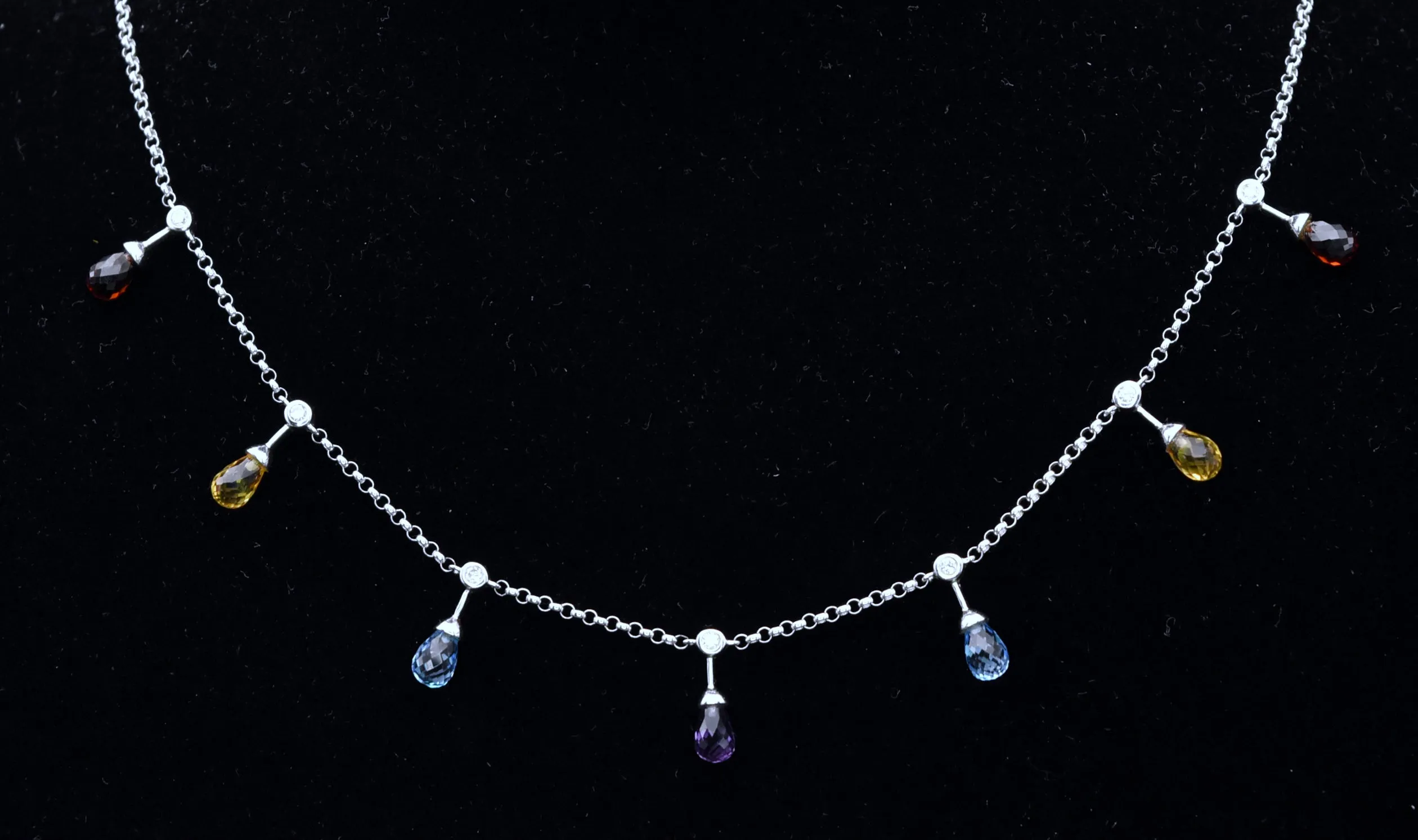 14K White Gold Diamonds, Blue Topaz, Red Garnet, Amethyst and Citrine Chain Necklace - 16.5"