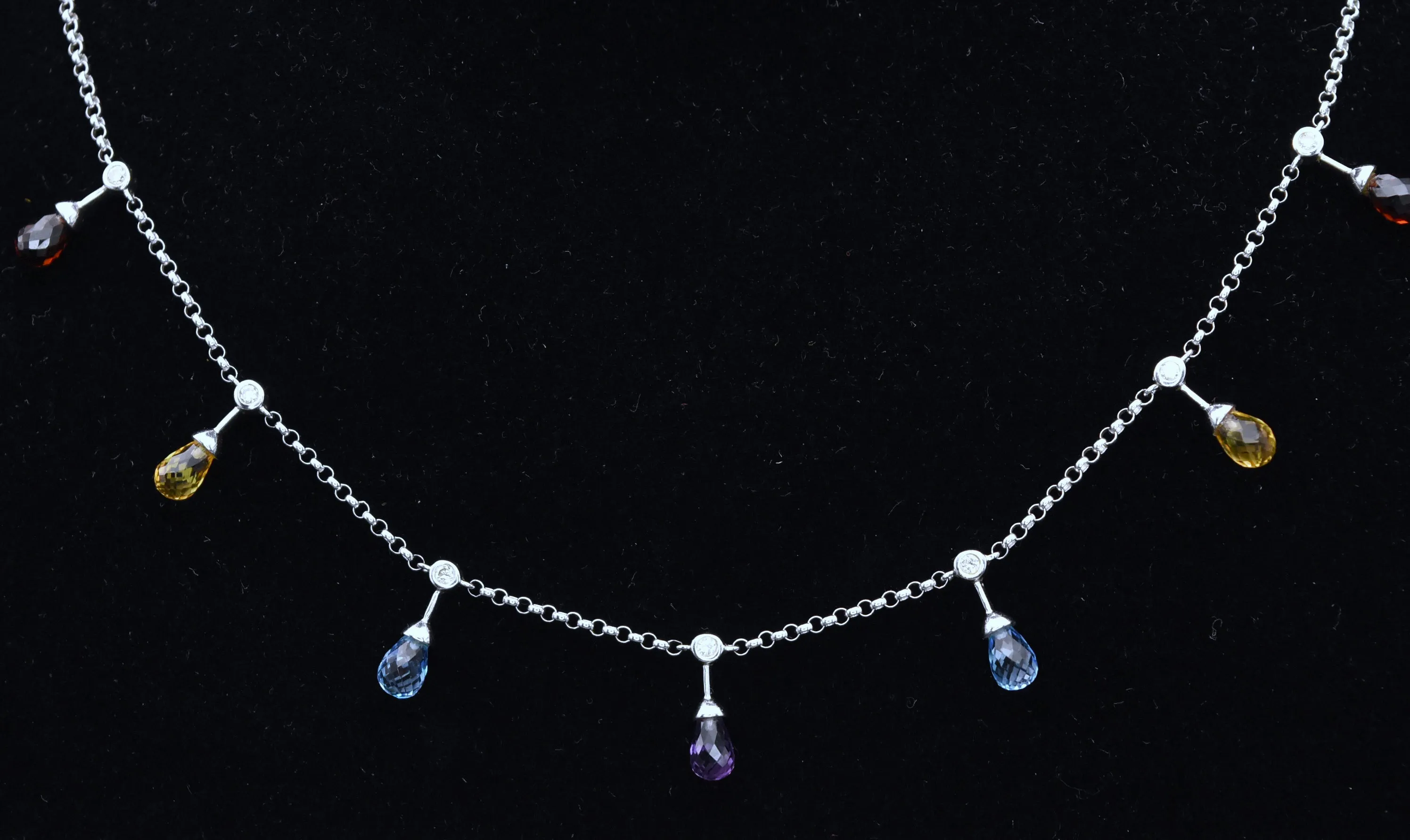 14K White Gold Diamonds, Blue Topaz, Red Garnet, Amethyst and Citrine Chain Necklace - 16.5"