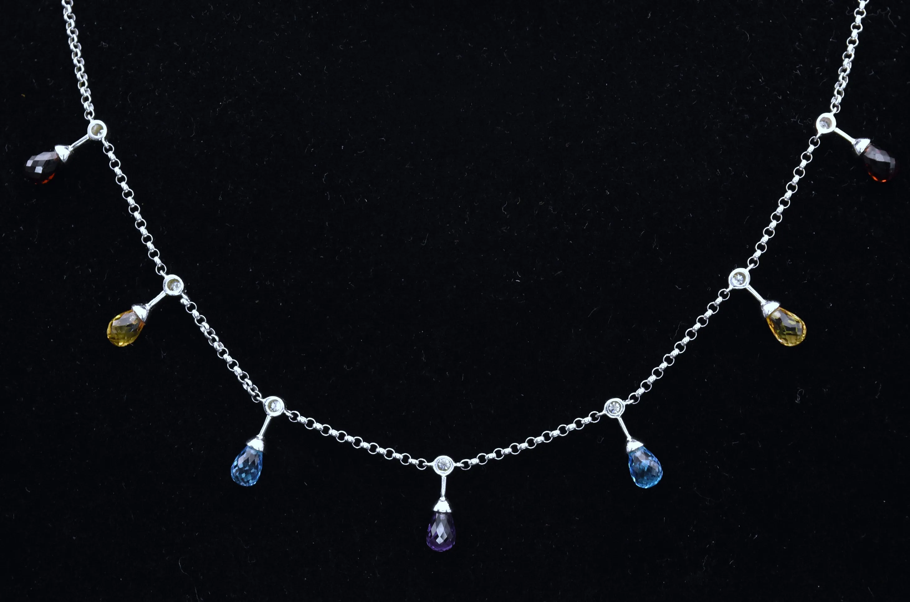 14K White Gold Diamonds, Blue Topaz, Red Garnet, Amethyst and Citrine Chain Necklace - 16.5"