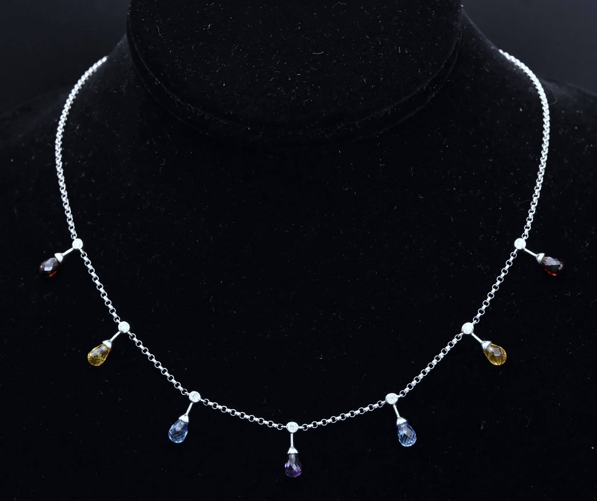 14K White Gold Diamonds, Blue Topaz, Red Garnet, Amethyst and Citrine Chain Necklace - 16.5"