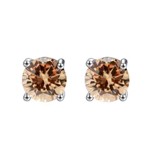 14k White Gold Plated 2 Carat Round Created Champagne Sapphire Stud Earrings