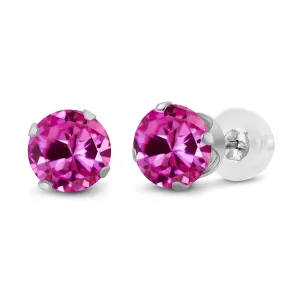 14k White Gold Plated 3 Carat Round Created Pink Sapphire Stud Earrings