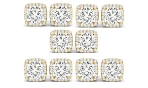 14k Yellow Gold 1Ct Cushion Cut White Sapphire Set Of Five Halo Stud Earrings Plated