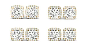 14k Yellow Gold 2Ct Cushion Cut White Sapphire Set Of Four Halo Stud Earrings Plated