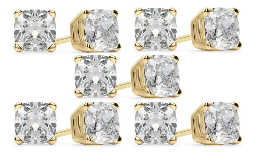 14k Yellow Gold 4mm 2Ct Cushion Cut White Sapphire Set Of Five Stud Earrings Plated