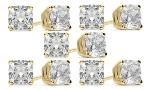 14k Yellow Gold 4mm 2Ct Cushion Cut White Sapphire Set Of Five Stud Earrings Plated