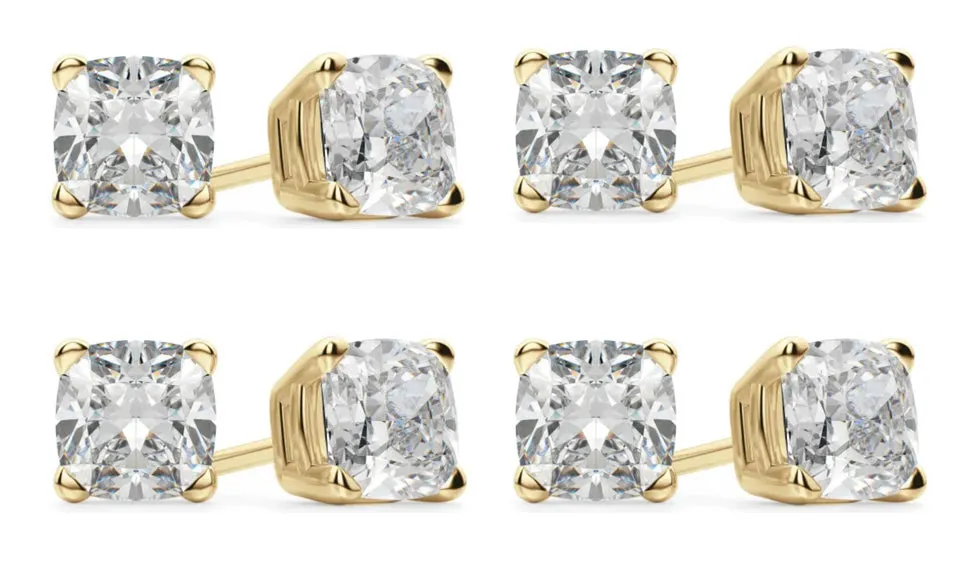 14k Yellow Gold 6mm 3Ct Cushion Cut White Sapphire Set Of Four Stud Earrings Plated