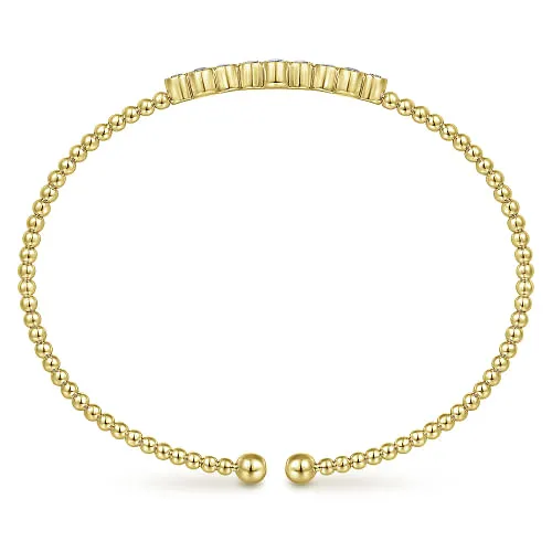 14K Yellow Gold Bujukan Bead Cuff Bracelet with Three Quatrefoil Diamond Stations