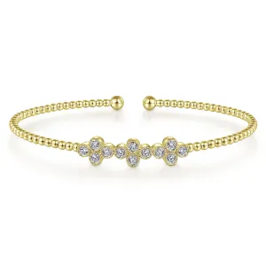 14K Yellow Gold Bujukan Bead Cuff Bracelet with Three Quatrefoil Diamond Stations