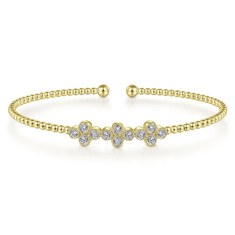 14K Yellow Gold Bujukan Bead Cuff Bracelet with Three Quatrefoil Diamond Stations