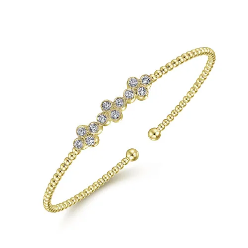 14K Yellow Gold Bujukan Bead Cuff Bracelet with Three Quatrefoil Diamond Stations