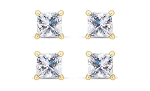 14k Yellow Gold Plated 1/2Ct Princess Cut White Sapphire Set Of Two Stud Earrings