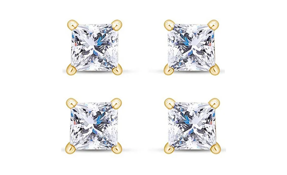 14k Yellow Gold Plated 1/2Ct Princess Cut White Sapphire Set Of Two Stud Earrings