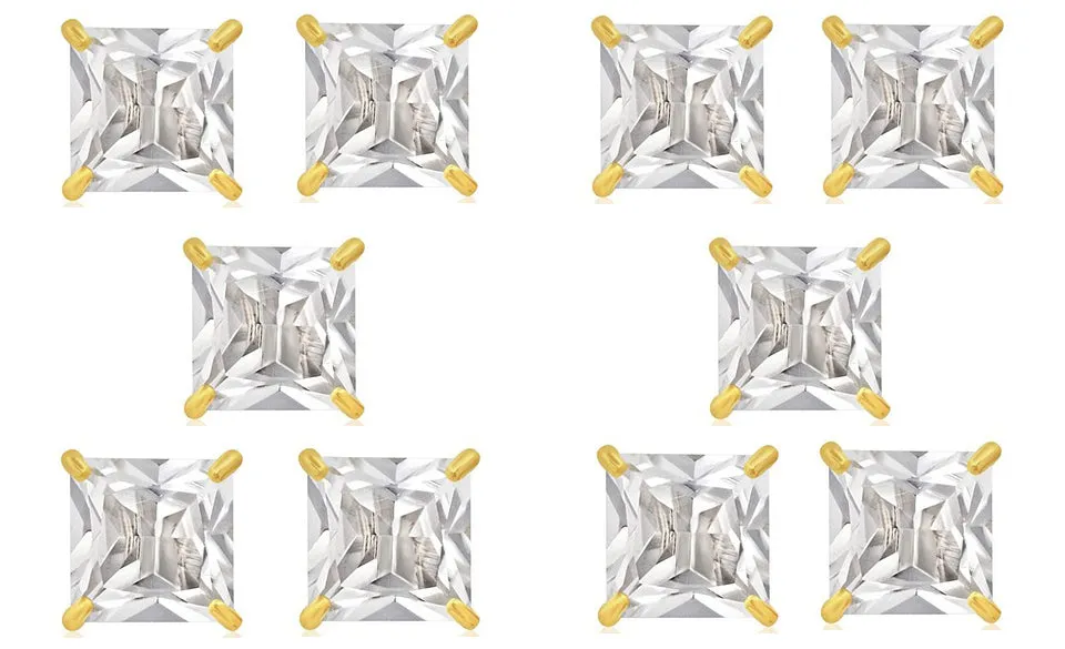 14k Yellow Gold Plated 4mm 4Ct Square Cut White Sapphire Set Of Five Stud Earrings