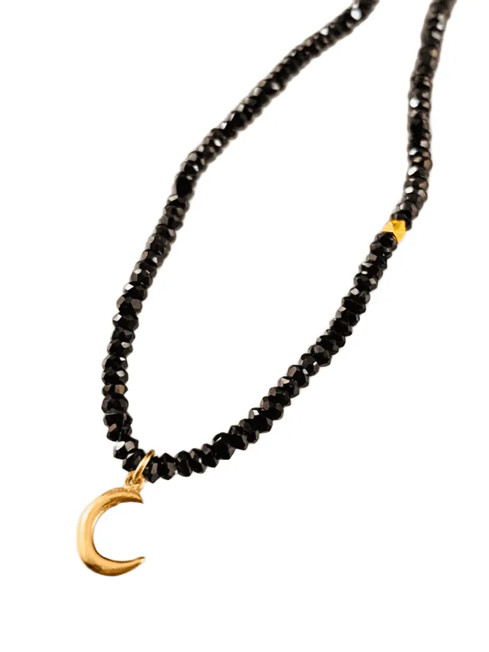 16” Faceted Black Garnet 14k Gold Crescent Moon Charm Necklace