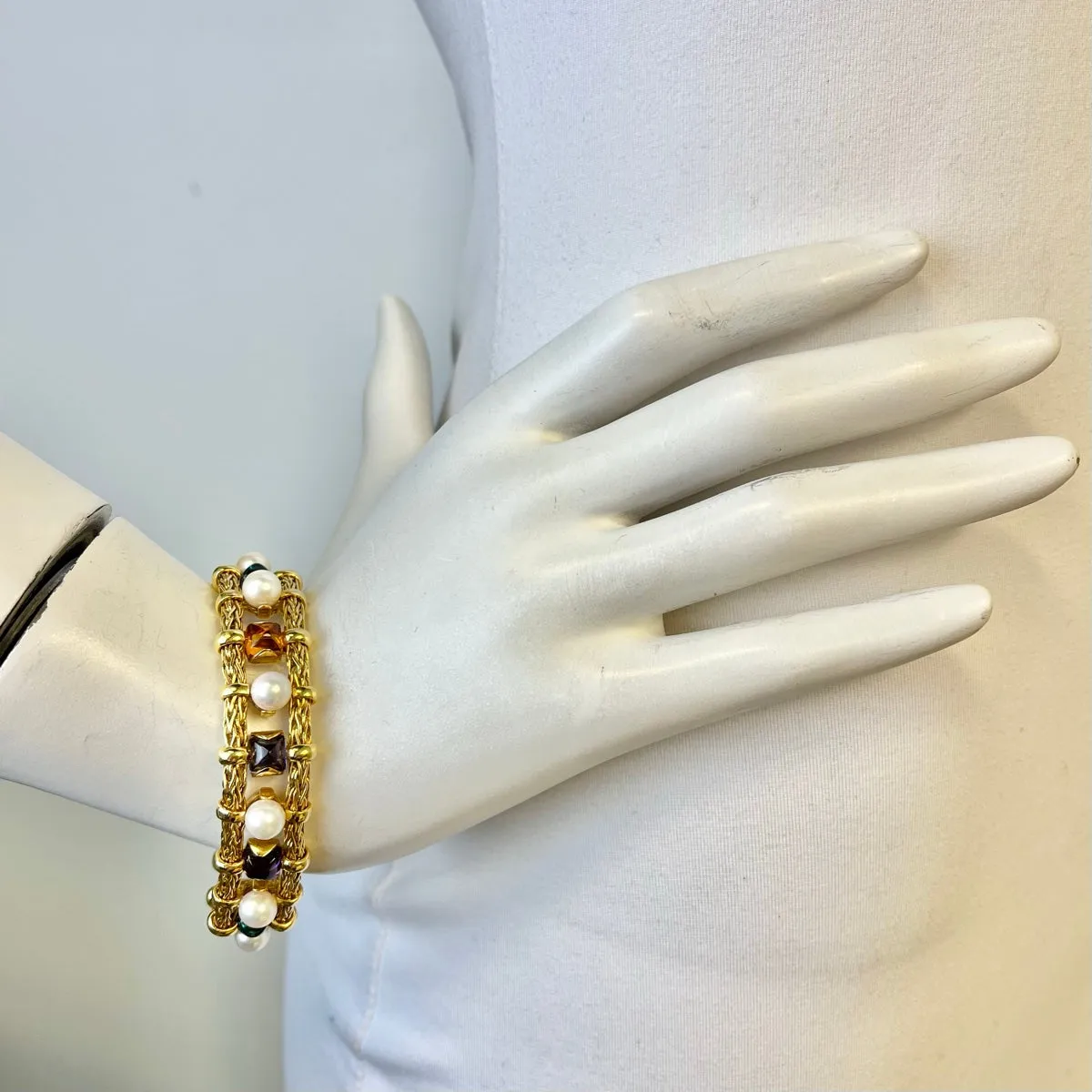 18K Gold Bracelet with Cultured Pearls, Topaz, Amethyst and Iolite