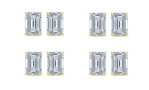 18k Yellow Gold 4mm 2Ct Emerald Cut White Sapphire Set Of Four Stud Earrings Plated