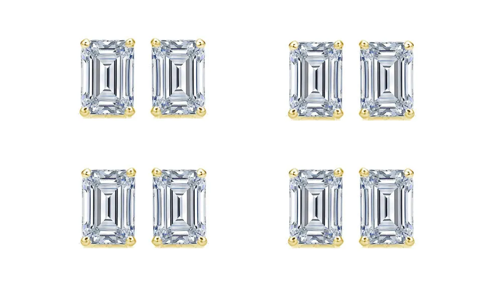 18k Yellow Gold 4mm 2Ct Emerald Cut White Sapphire Set Of Four Stud Earrings Plated