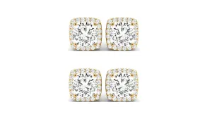 18k Yellow Gold 6mm 2Ct Cushion Cut White Sapphire Set Of Two Halo Stud Earrings Plated