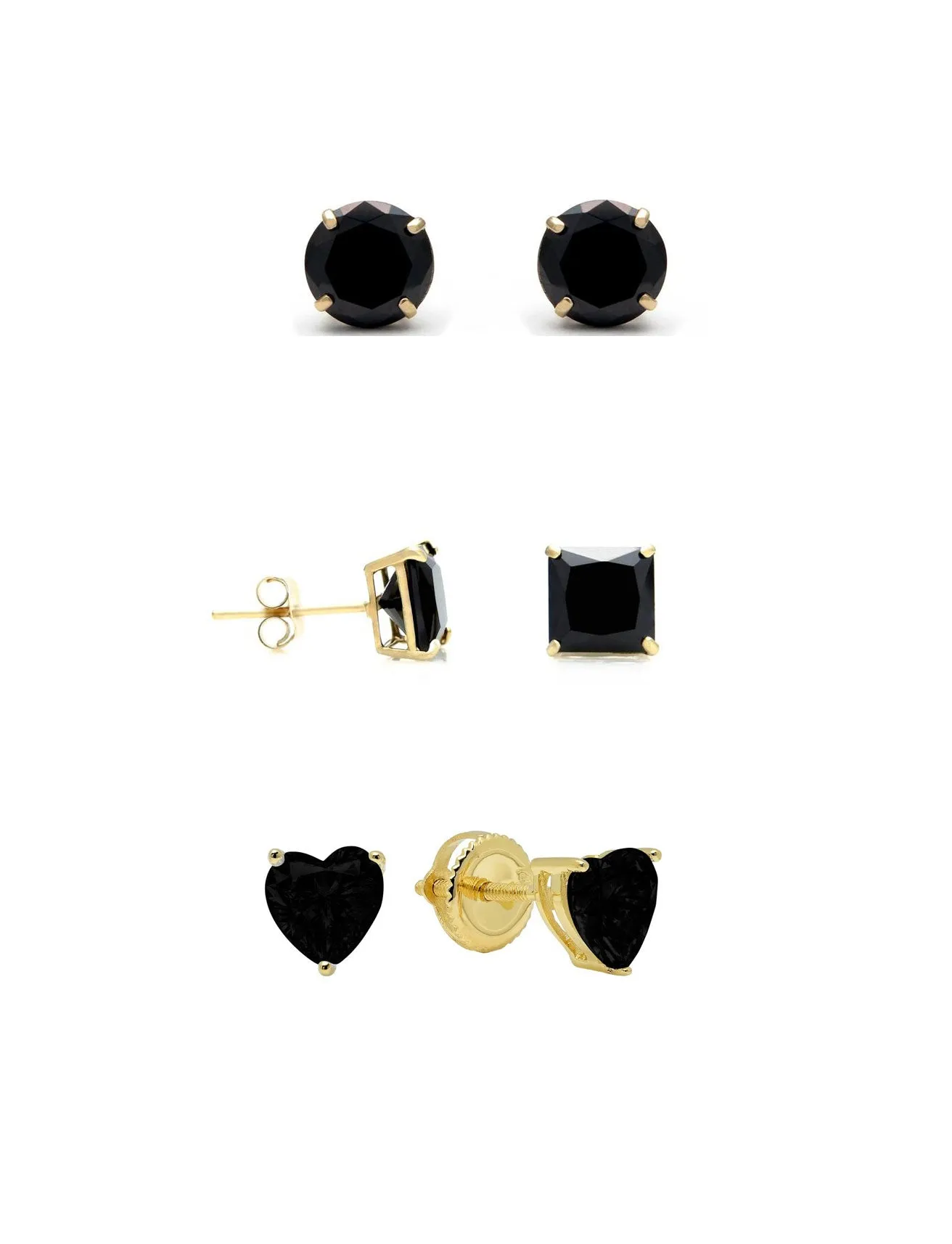 18k Yellow Gold Plated 1Cttw 7mm Created Black Sapphire 3 Pair Round, Square and Heart Stud Earrings