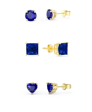 18k Yellow Gold Plated 1Cttw 7mm Created Blue Sapphire 3 Pair Round, Square and Heart Stud Earrings