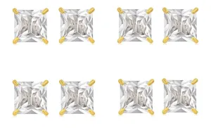 18k Yellow Gold Plated 4Ct Square Cut White Sapphire Set Of Four Stud Earrings