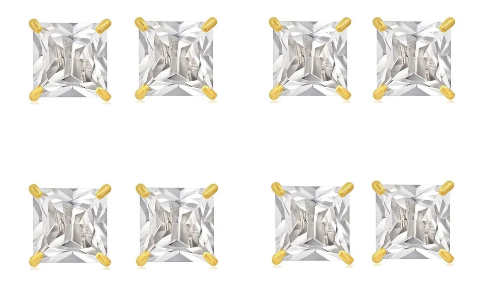 18k Yellow Gold Plated 4Ct Square Cut White Sapphire Set Of Four Stud Earrings