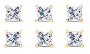 18k Yellow Gold Plated 6mm 3Ct Princess Cut White Sapphire Set Of Three Stud Earrings