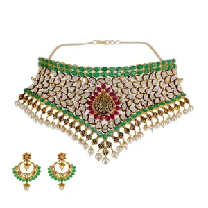 22K Yellow Gold Choker Set W/ Precious Emeralds, Rubies, CZ Gemstones & Hanging Pearls