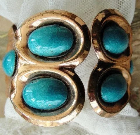 50s ATTRACTIVE Matisse Enamel Copper Clamper Bracelet Gorgeous TURQUOISE Enamel Pretty Rose Copper,Wide Cuff Bracelet,Signed Vintage Jewelry