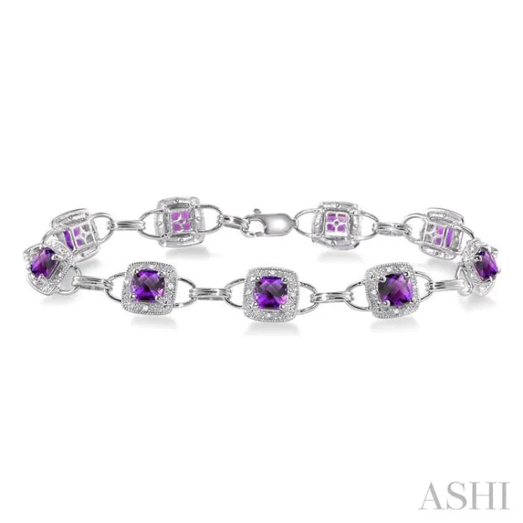 5x5 MM Cushion Shape Amethyst and 1/6 Ctw Single Cut Diamond Bracelet in 10K White Gold