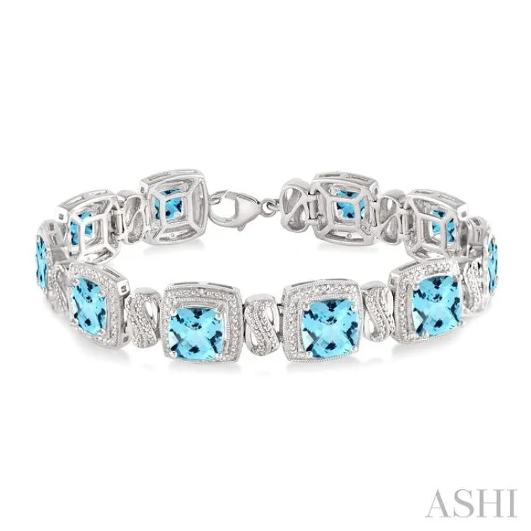 7x7 mm Cushion Cut Blue Topaz and 1/10 Ctw Single Cut Diamond Square Shape Bracelet in Sterling Silver