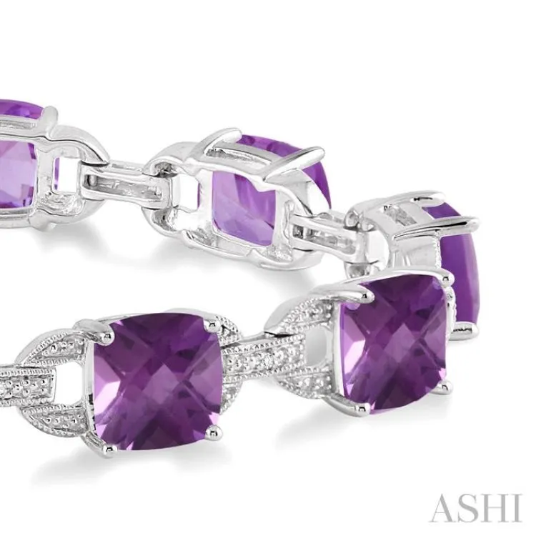 7x7  MM Cushion Shape Amethyst and 1/20 Ctw Round Cut Diamond Fashion Bracelet in Sterling Silver